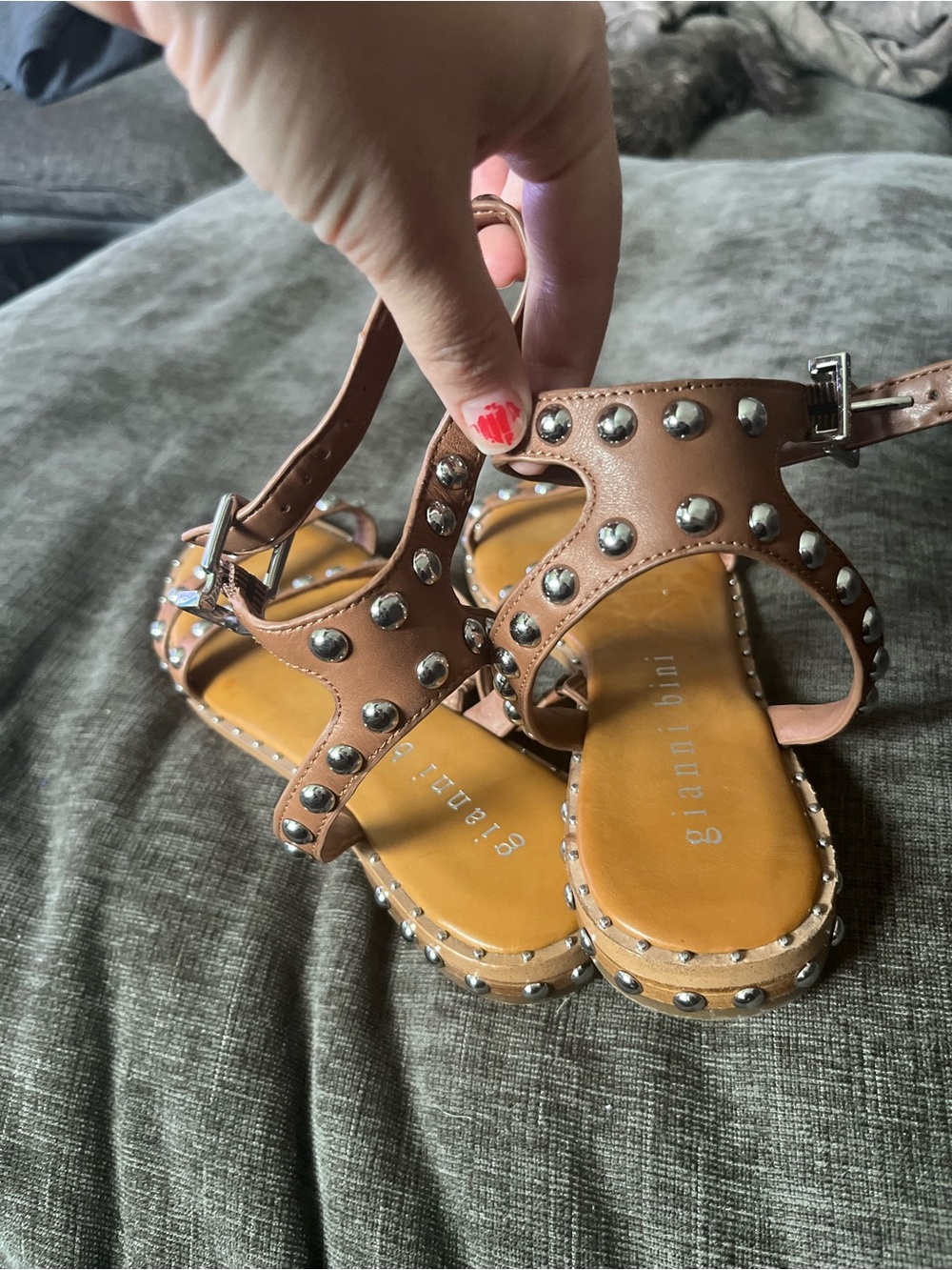 Gianni Bini Brown Studded Ankle Strap Sandals